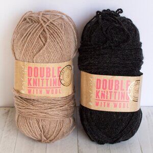 Hayfield DK With Wool, double knitting with wool yarn, 100g skeins, black, camel